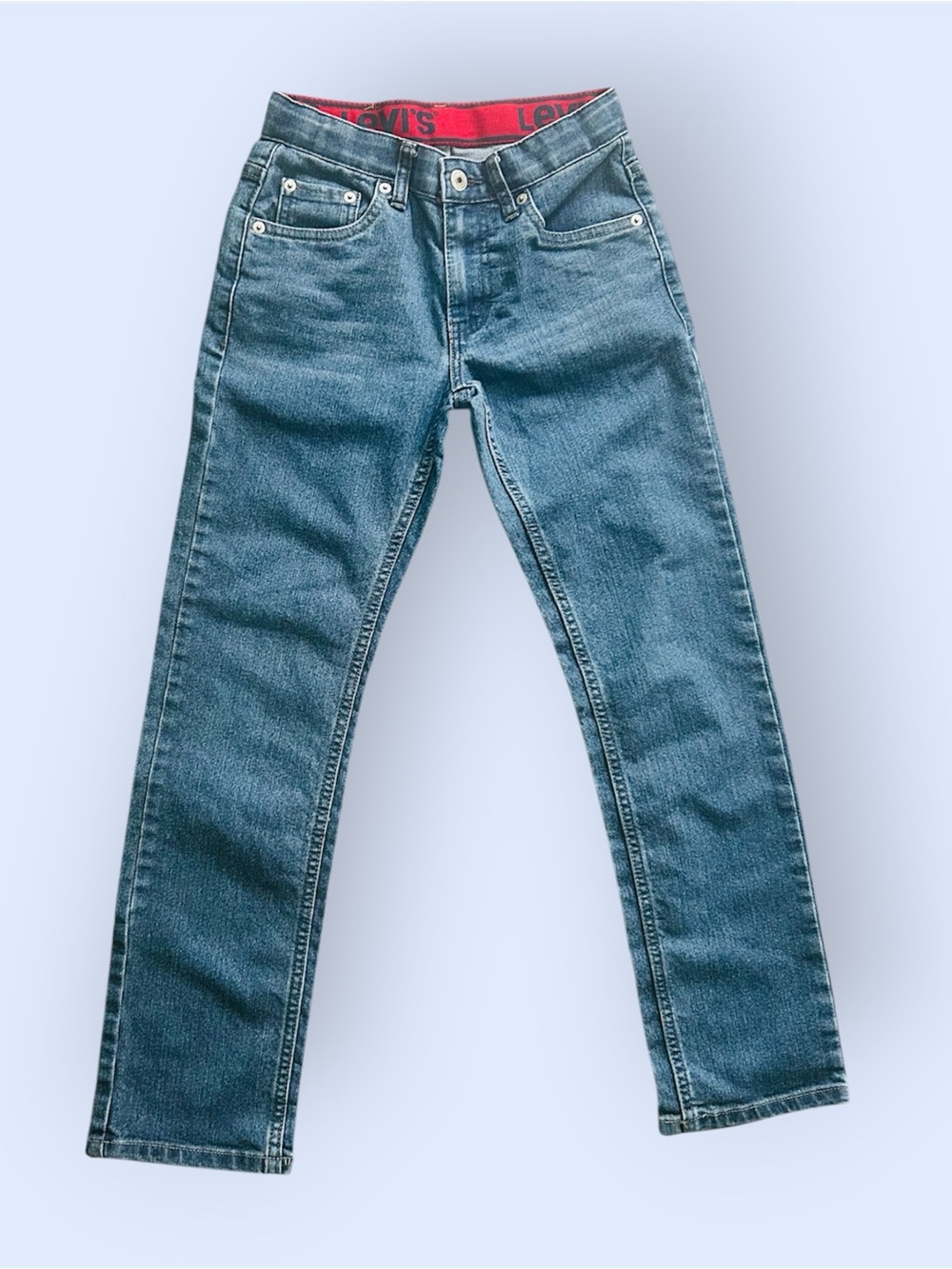 Levi's Blue Straight Leg Denim Jeans with Red Waistband